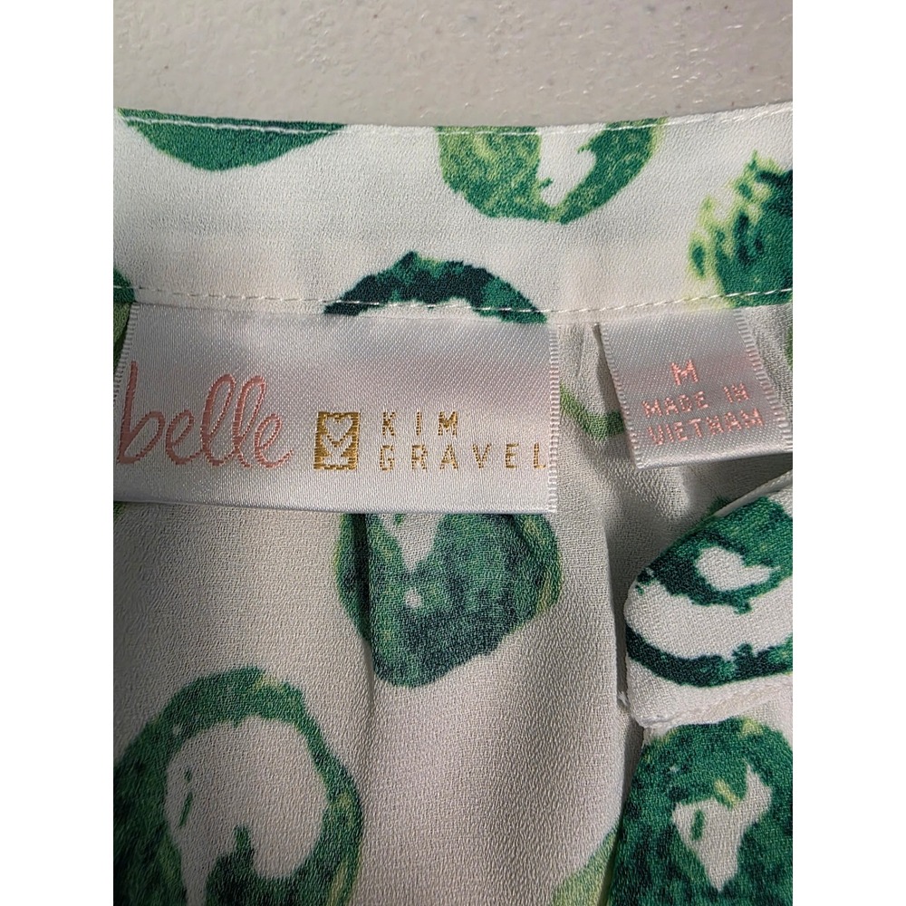 Belle by Kim Gravel Green White Abstract Circle Print Split V-Neck Blouse M - Picture 3 of 6